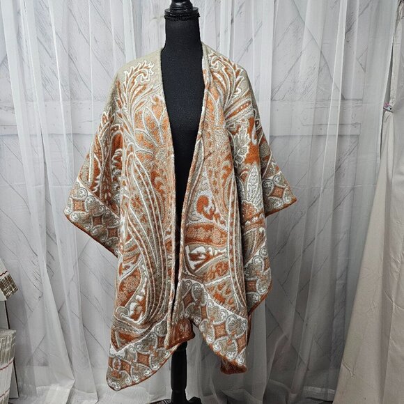 Unbranded Taupe Orange Reversible Paisley Boho Blanket Cape OSFA - Picture 14 of 14